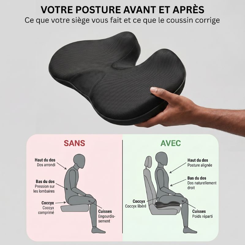 Comparaison posture assise sans et avec coussin de siège voiture Nerua — correction de la pression coccyx et alignement du bassin