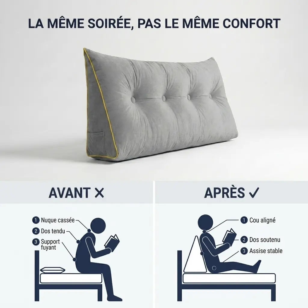 Avant après coussin tête de lit de luxe — position instable avec oreillers vs position stable avec coussin triangulaire