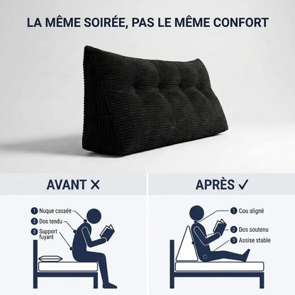 Avant après coussin tête de lit — position instable avec oreillers vs position stable avec coussin triangulaire