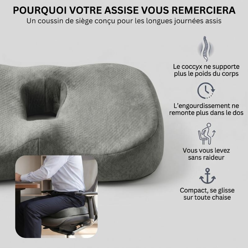 Avantages du coussin à mémoire de forme pour chaise : maintien du dos droit, limitation de pression sur le coccyx et confort de travail optimal.