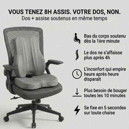 Pack coussin lombaire et coussin de siège ergonomique Nerua installés ensemble sur une chaise de bureau pour un soutien complet du dos et de l'assise