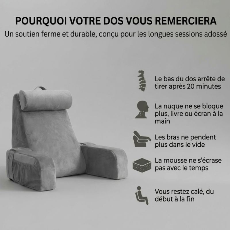 Coussin de lecture ergonomique à mémoire de forme : avant utilisation, nuque qui tire, dos courbé et bras endormis ; après utilisation, nuque ajustée, dos soutenu et bras posés sur les accoudoirs.