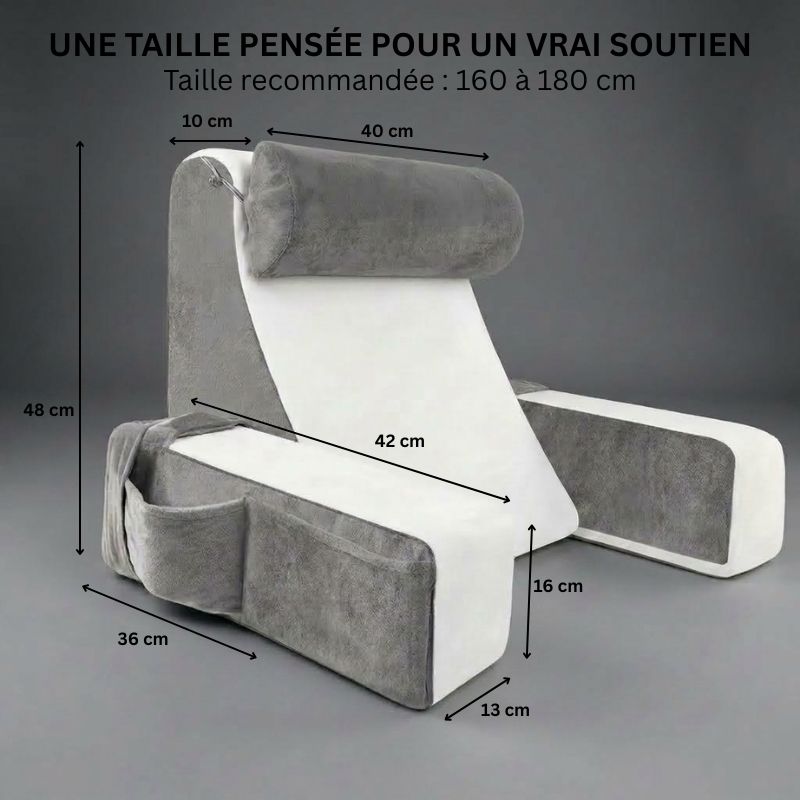 Dimensions du coussin de lecture Ergonomique — conçu pour soutenir tout le haut du corps