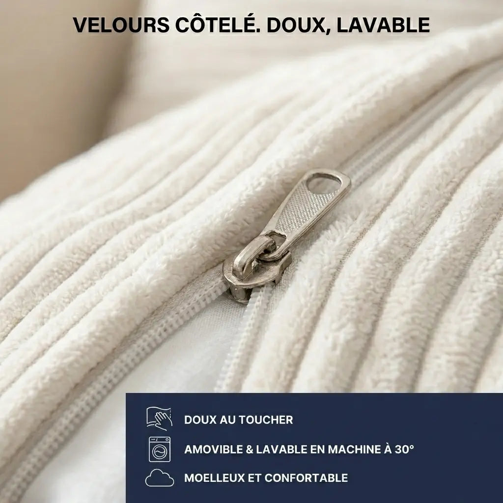 Gros plan sur le velours côtelé du coussin tête de lit avec housse amovible lavable