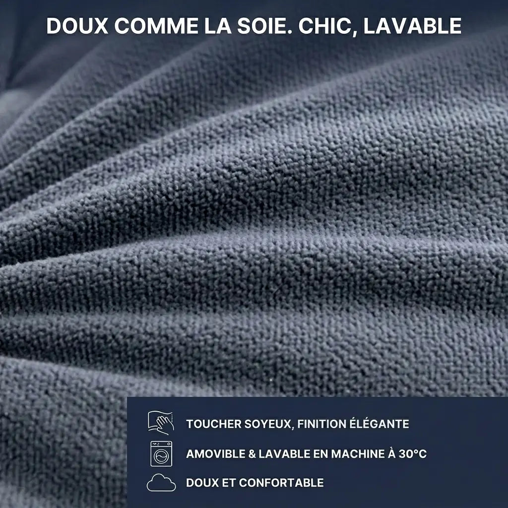 Gros plan sur la finition en polyester soyeux et élégant du coussin tête de lit de luxe avec housse amovible et lavable.