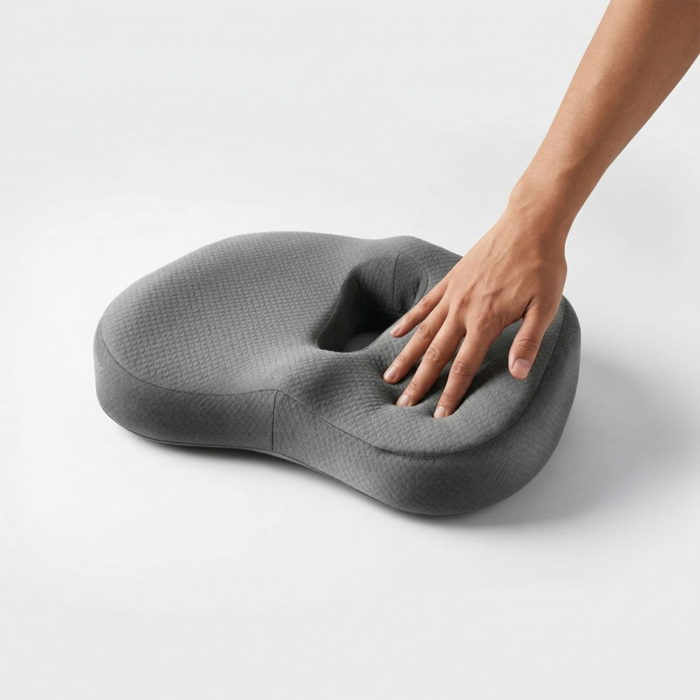 Vue en studio d'un coussin de siège ergonomique gris profilé avec découpe du coccyx. Une main humaine appuie sur le coussin, créant des indentations pour montrer la mémoire de forme du coussin.
