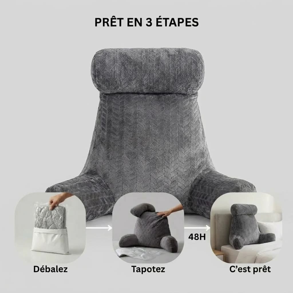 Guide d'utilisation du coussin de lecture confort cosy réglage de l'appui-tête pour un soutien optimal du dos et de la nuque.
