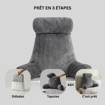 Guide d'utilisation du coussin de lecture confort cosy réglage de l'appui-tête pour un soutien optimal du dos et de la nuque.