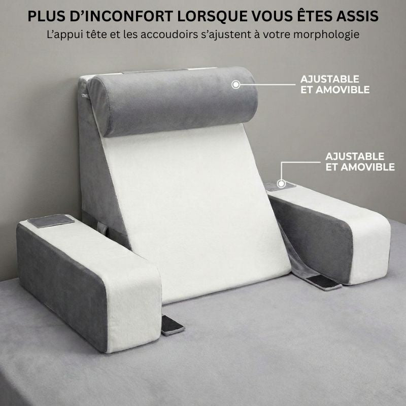 Coussin de lecture ergonomique à mémoire de forme — appui-tête et accoudoirs ajustables à votre morphologie pour un soutien optimal du dos, de la nuque et des bras