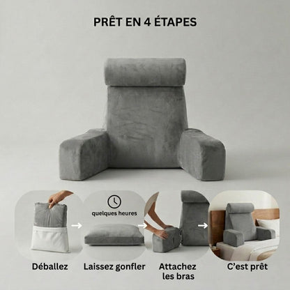 Guide d'utilisation du coussin de lecture ergonomique à mémoire de forme — réglage de l'appui-tête et des accoudoirs pour un soutien optimal du dos et de la nuque.