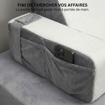 Détail de la poche latérale intégrée du coussin de lecture Ergonomique pour ranger téléphone et télécommande