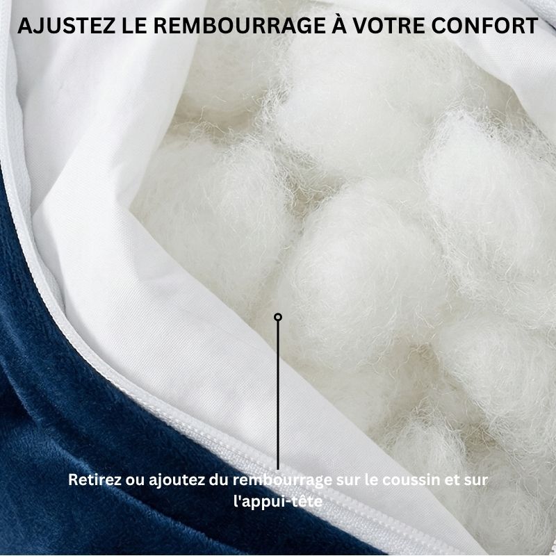 Coussin de lecture avec housse ouverte montrant le rembourrage ajustable