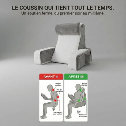 Coussin de lecture ergonomique à mémoire de forme : avant, nuque qui tire, dos qui s'affaisse, lombaires sans soutien et bras dans le vide ; après, nuque alignée, dos calé, lombaires soutenues et bras posés sur les accoudoirs.