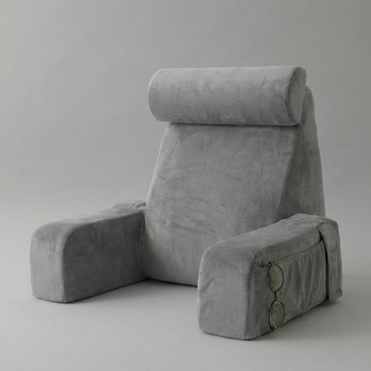Coussin de lecture ergonomique gris à mémoire de forme avec accoudoirs et appui-tête réglable