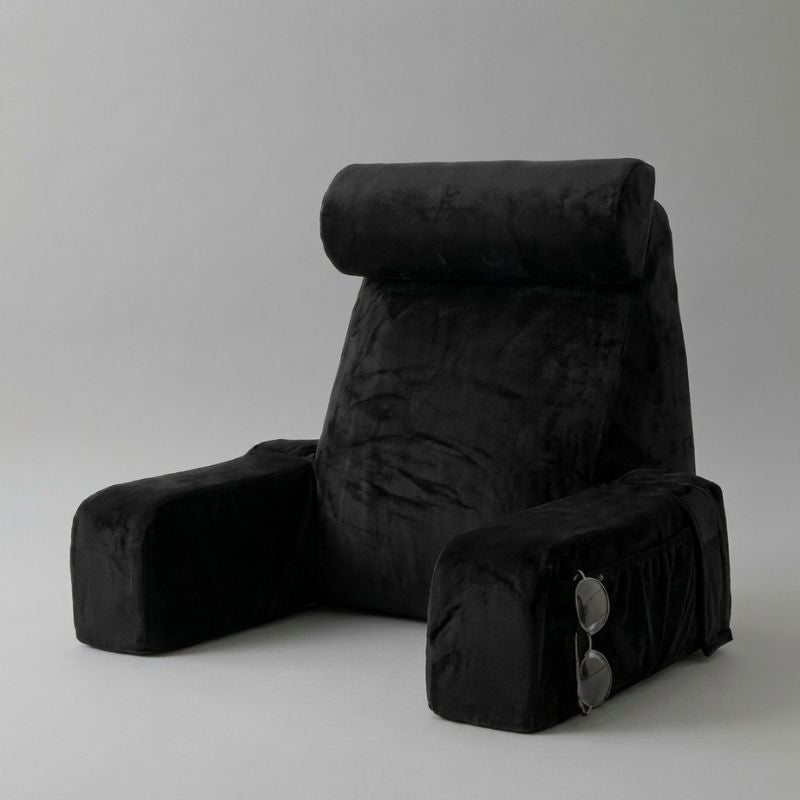 Coussin de lecture ergonomique noir à mémoire de forme avec accoudoirs et appui-tête réglable