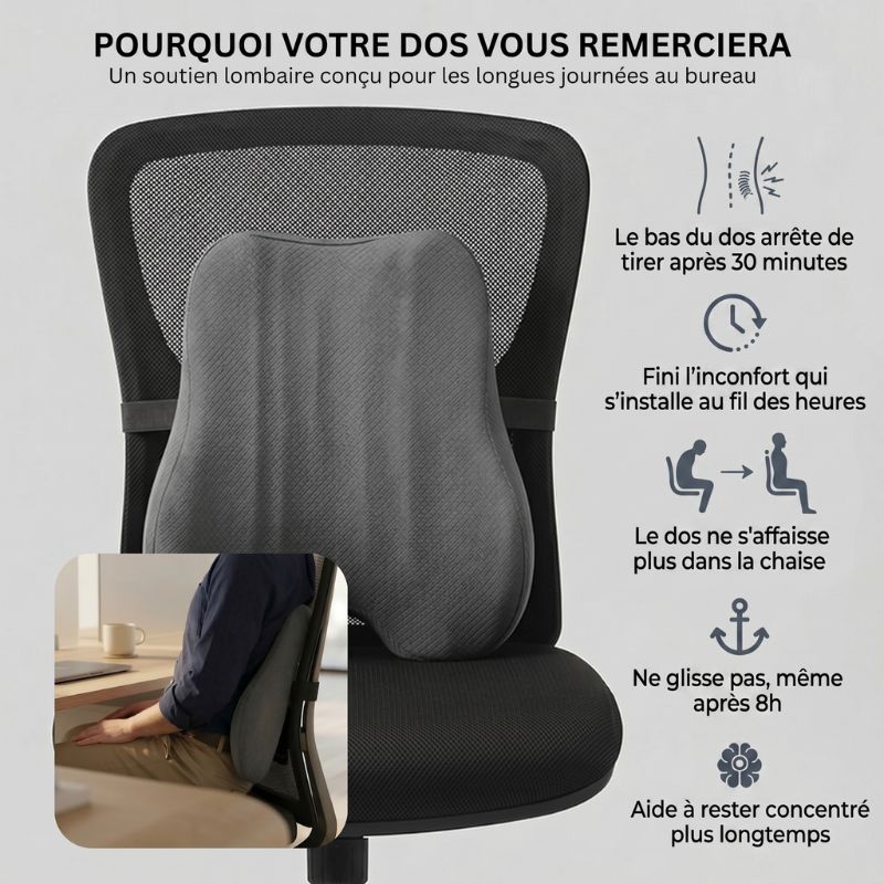 Infographie des 5 bénéfices du coussin lombaire Nerua : soutien du dos, réduction de la pression lombaire, posture droite, confort prolongé, concentration