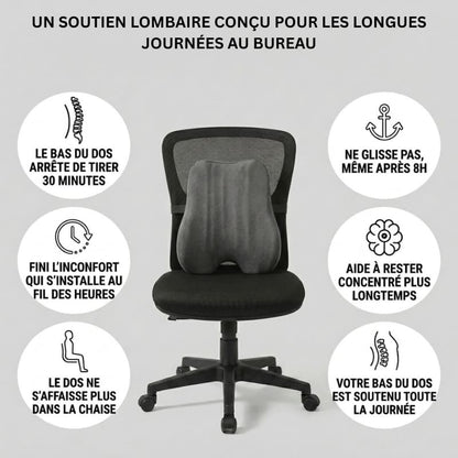 Infographie des 6 bénéfices du coussin lombaire Nerua : soutien du dos, réduction de la pression lombaire, posture droite, confort prolongé, concentration, soutiens.