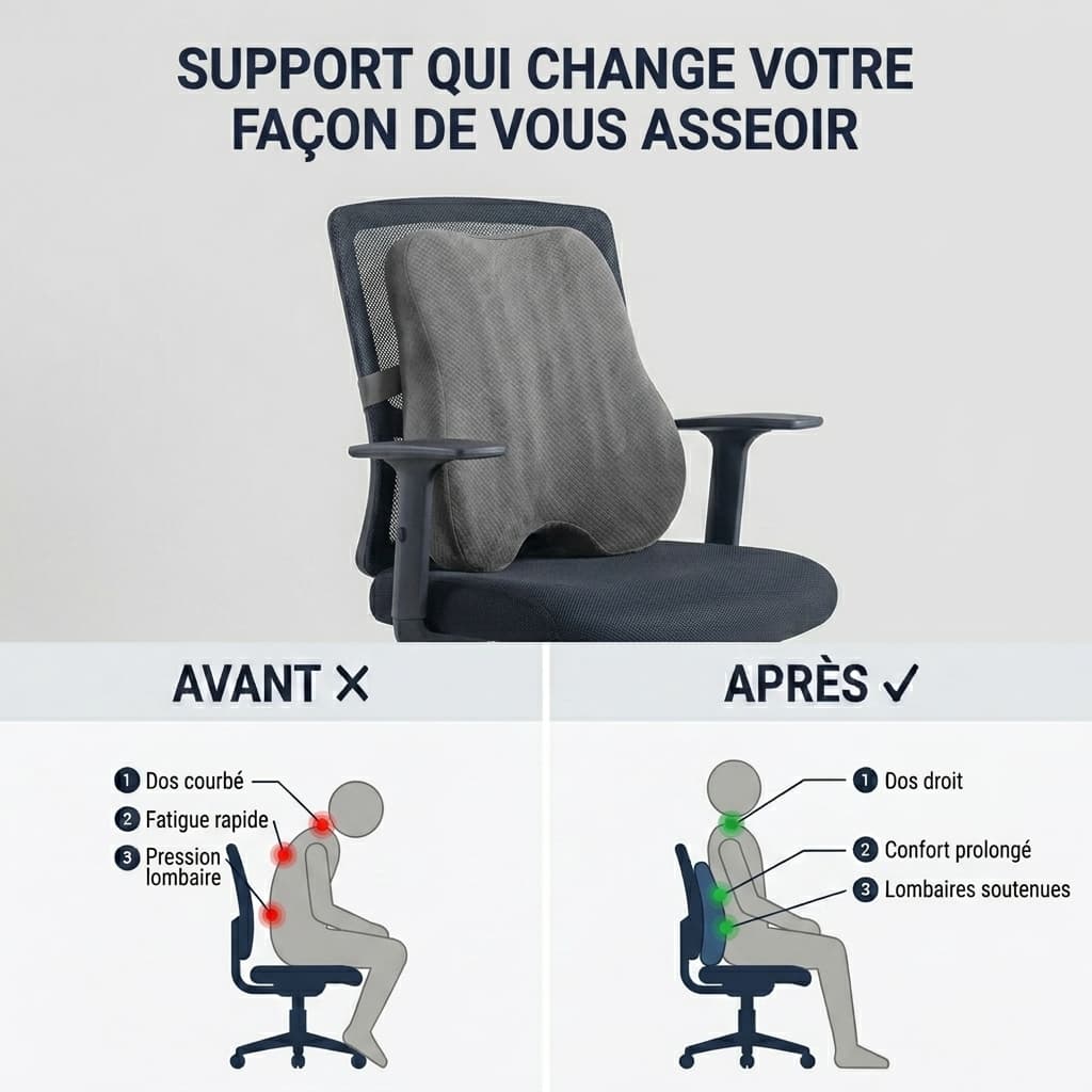 Comparaison avant et après l'utilisation du coussin lombaire Nerua au bureau montrant l'amélioration de la posture assise