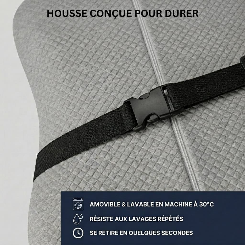 Détail de la housse déhoussable et lavable en machine à 30 degrés du coussin lombaire Nerua avec zoom sur la texture et le zip