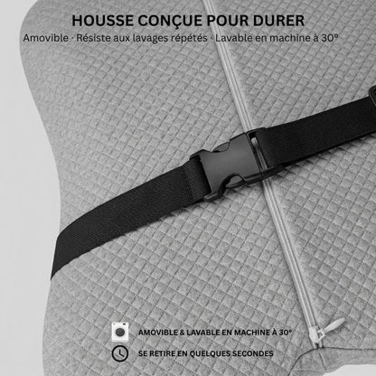 Détail de la housse déhoussable et lavable en machine à 30 degrés du coussin lombaire Nerua avec zoom sur la texture et le zip