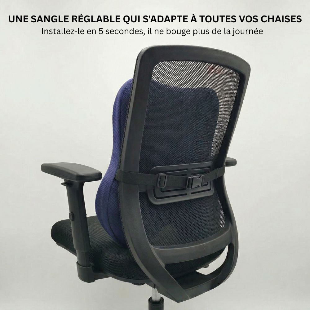 Vue arrière du coussin lombaire Nerua montrant la sangle réglable compatible avec toutes les chaises de bureau