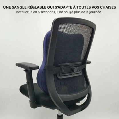 Vue arrière du coussin lombaire Nerua montrant la sangle réglable compatible avec toutes les chaises de bureau