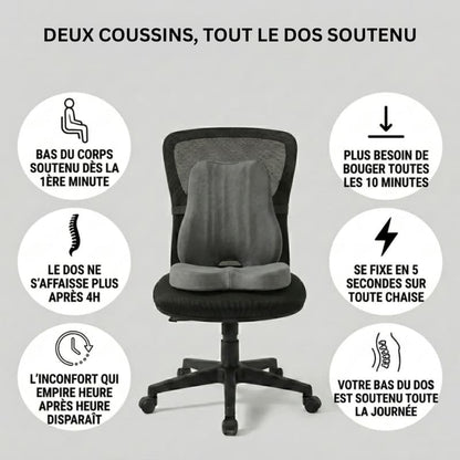 Pack coussin lombaire et coussin de siège ergonomique Nerua installés ensemble sur une chaise de bureau pour un soutien complet du dos et de l'assise