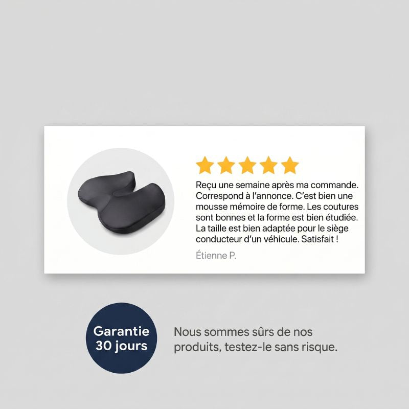 Avis client 5 étoiles coussin de siège voiture ergonomique mémoire de forme — témoignage vérifié avec garantie satisfait ou remboursé 30 jours