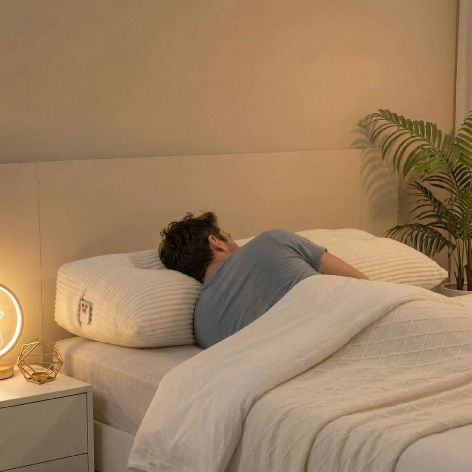 Homme allongé sur le côté avec coussin tête de lit calé dans le dos sur un lit
