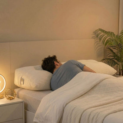 Homme allongé sur le côté avec coussin tête de lit calé dans le dos sur un lit