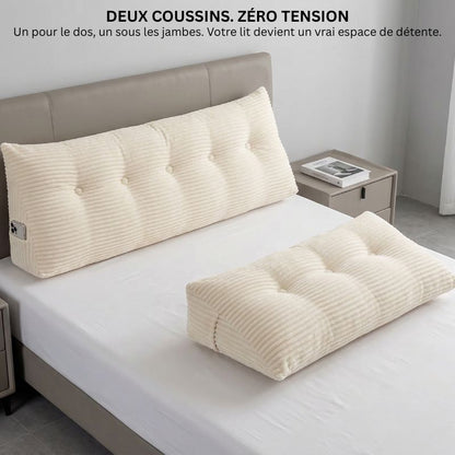 Deux coussins tête de lit utilisés ensemble — un pour le dos, un sous les jambes