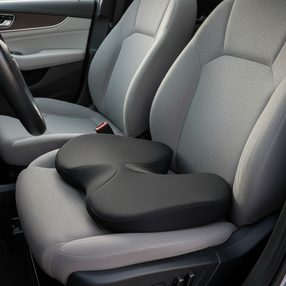 00:53Coussin de siège voiture Nerua installé sur un siège auto — mousse mémoire de forme avec découpe coccyx