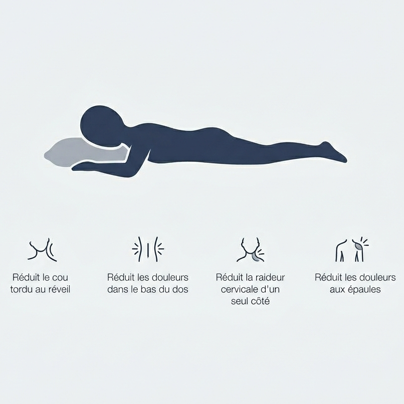 Infographie des douleurs soulagées par l'oreiller plat Nerua pour les dormeurs sur le ventre : cou tordu, bas du dos, raideur cervicale, douleurs aux épaules.