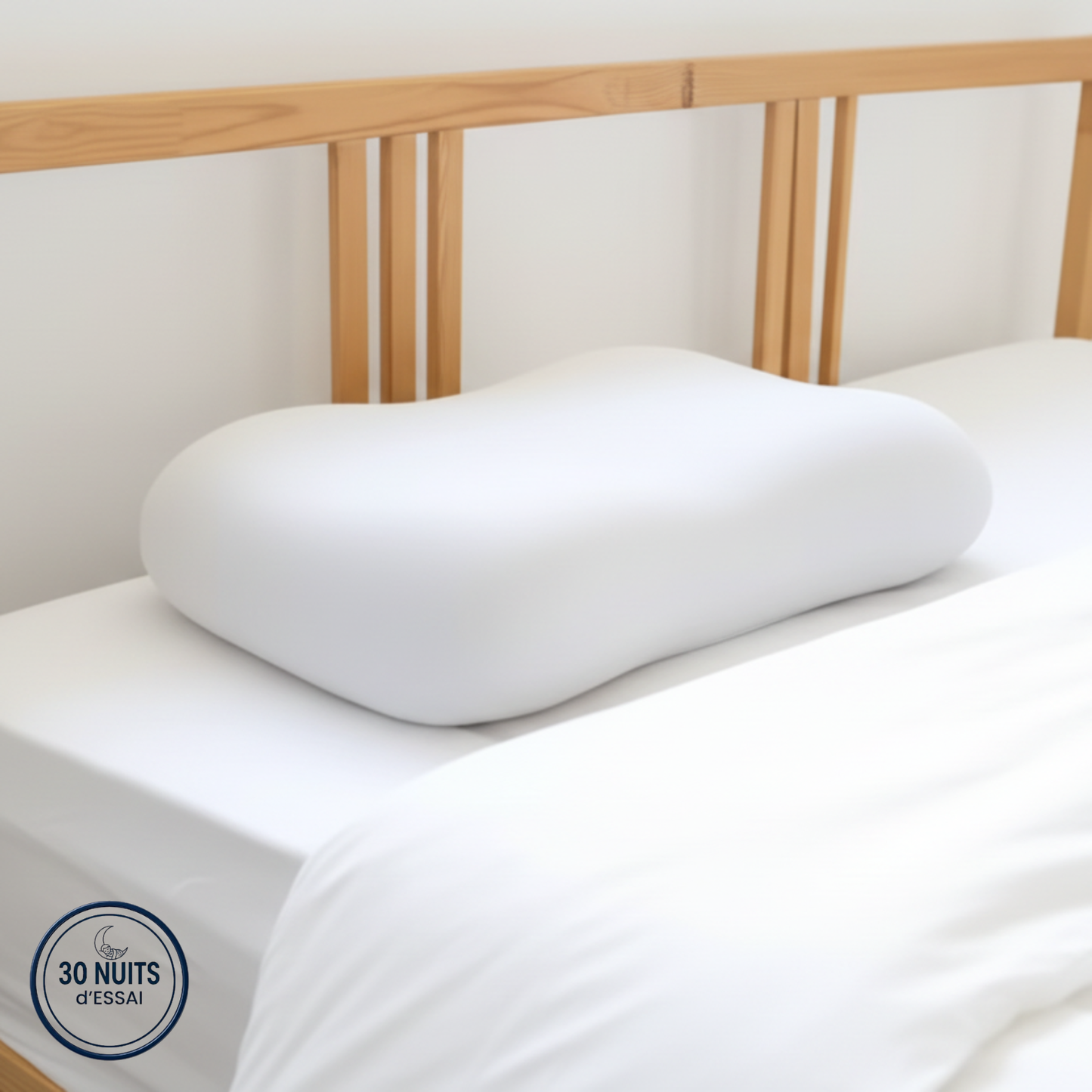Photo de l'oreiller cervical ergonomique Plus sur un lit.