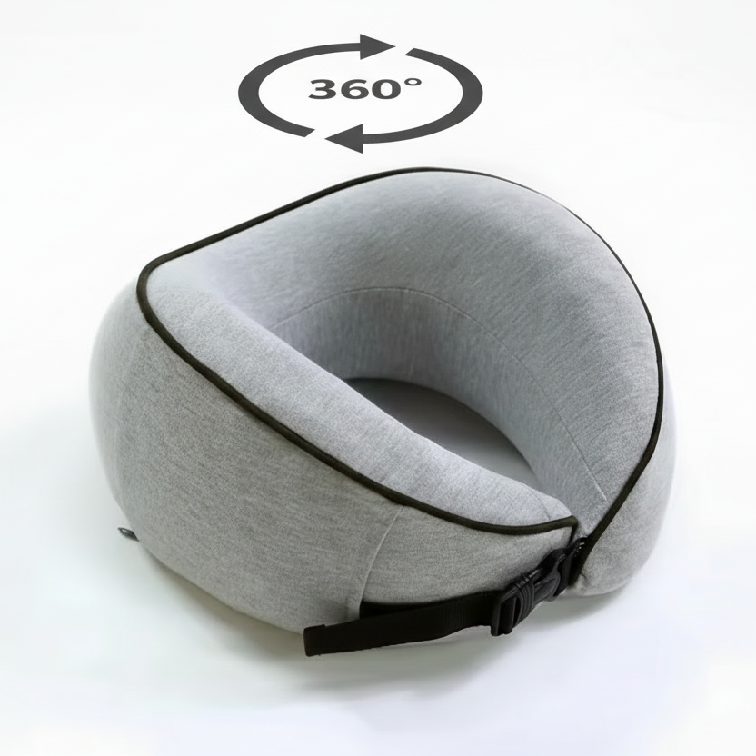 Photo vue du dessus de l'oreiller cervical de voyage avec logo 360° pour montrer qu'il occupe tout le cou.