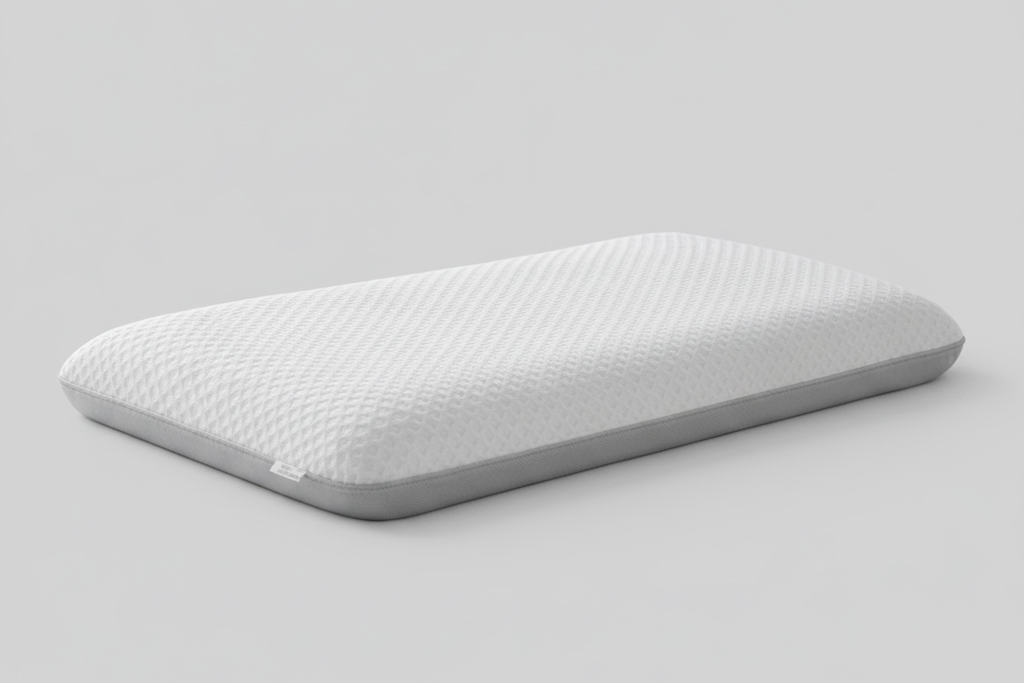 Oreiller cervical ergonomique plat 50x70 cm en mémoire de forme, faible épaisseur, en studio.