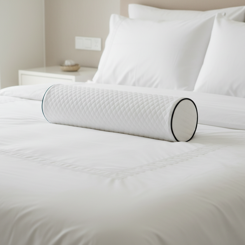 Oreiller cylindrique posé sur un lit double.