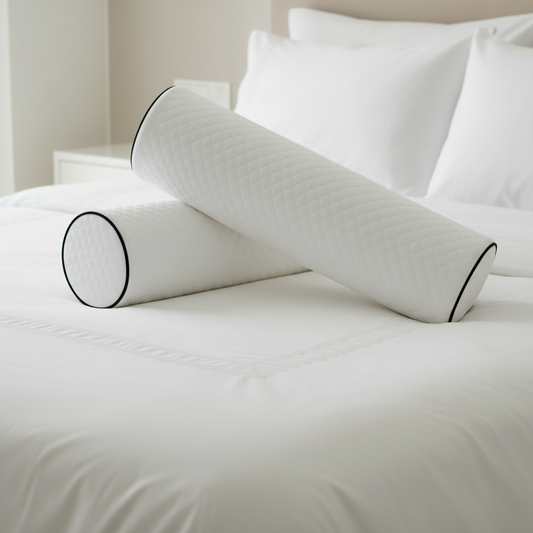 Deux oreillers cylindriques en mousse à mémoire de forme posé sur un lit double.