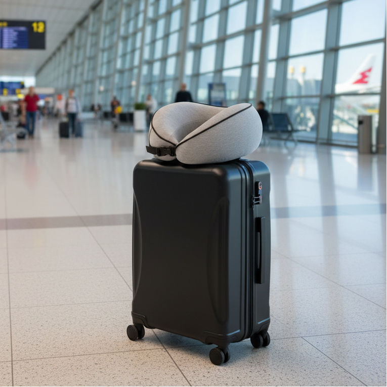Oreiller cervical de voyage posé sur une valise dans un aéroport.