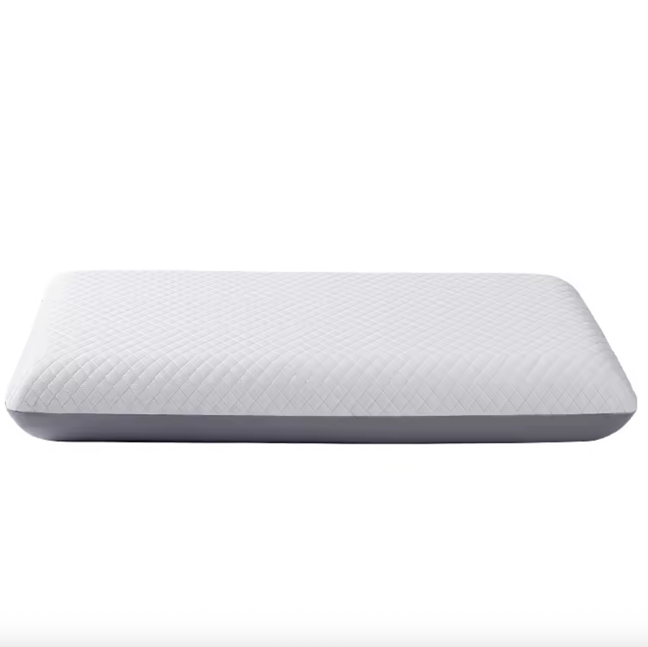 Oreiller cervical ergonomique plat en mousse mémoire de forme, conçu pour les dormeurs sur le ventre, photo studio fond blanc.
