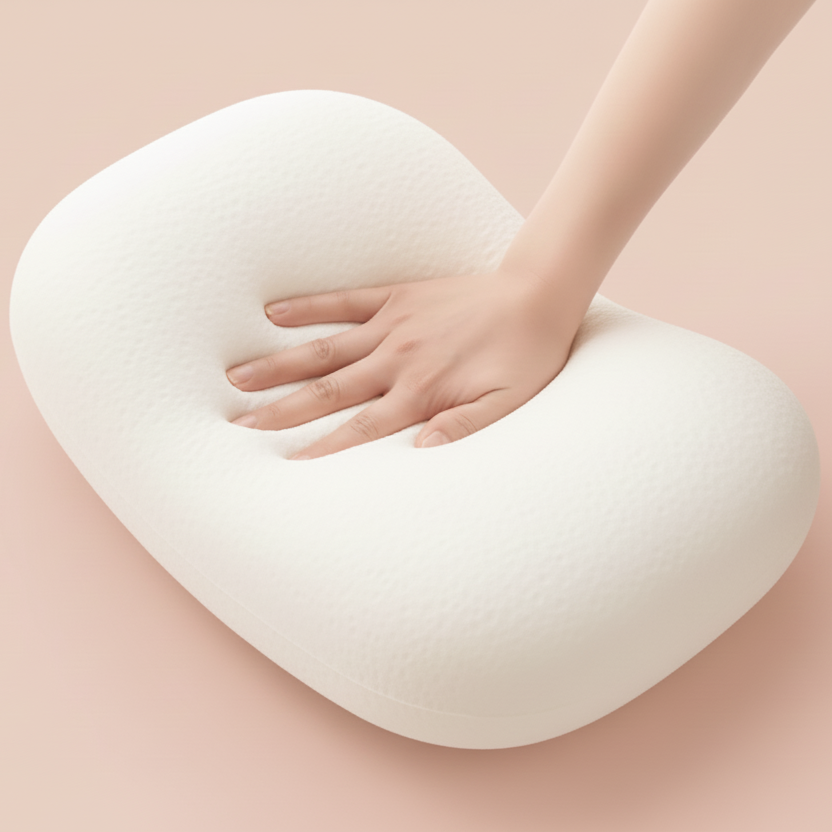 Pression de la main exercé sur le coussin pour montrer la mousse à mémoire de forme.