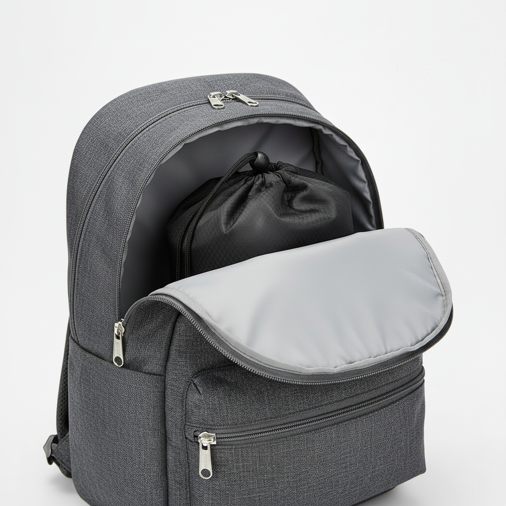 Sac de rangement de l'oreiller cervical de voyage rangé dans un sac à dos, photo qui montre que l'oreiller cervical de voyage est facilement transportable.