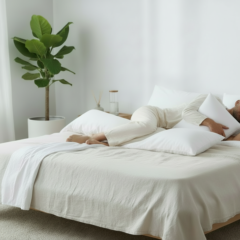 Photo montrant l'utilisation du traversin de soutien en position de sommeil latérale.