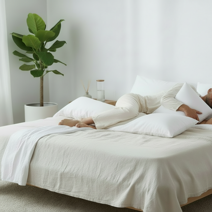 Photo montrant l'utilisation du traversin de soutien en position de sommeil latérale.