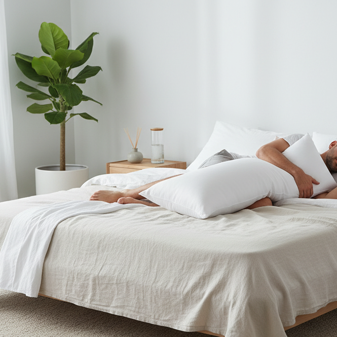 Homme allongé sur son lit avec le traversin de soutien.