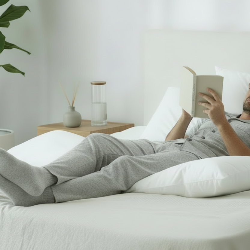 Photo montrant une personne en pleine lecture avec le traversin posé sous ses genoux.