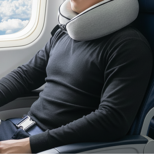 Photo montrant l'utilisation de l'oreiller cervical de voyage dans un avion.